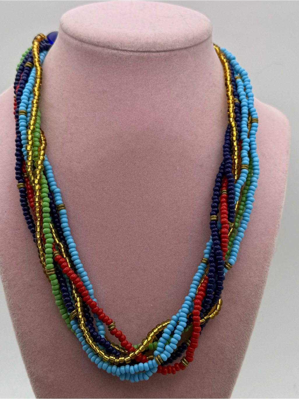Made In Kenya Multicolor Beaded Twist Necklace Vibrant Blue, Red, Green Gold
